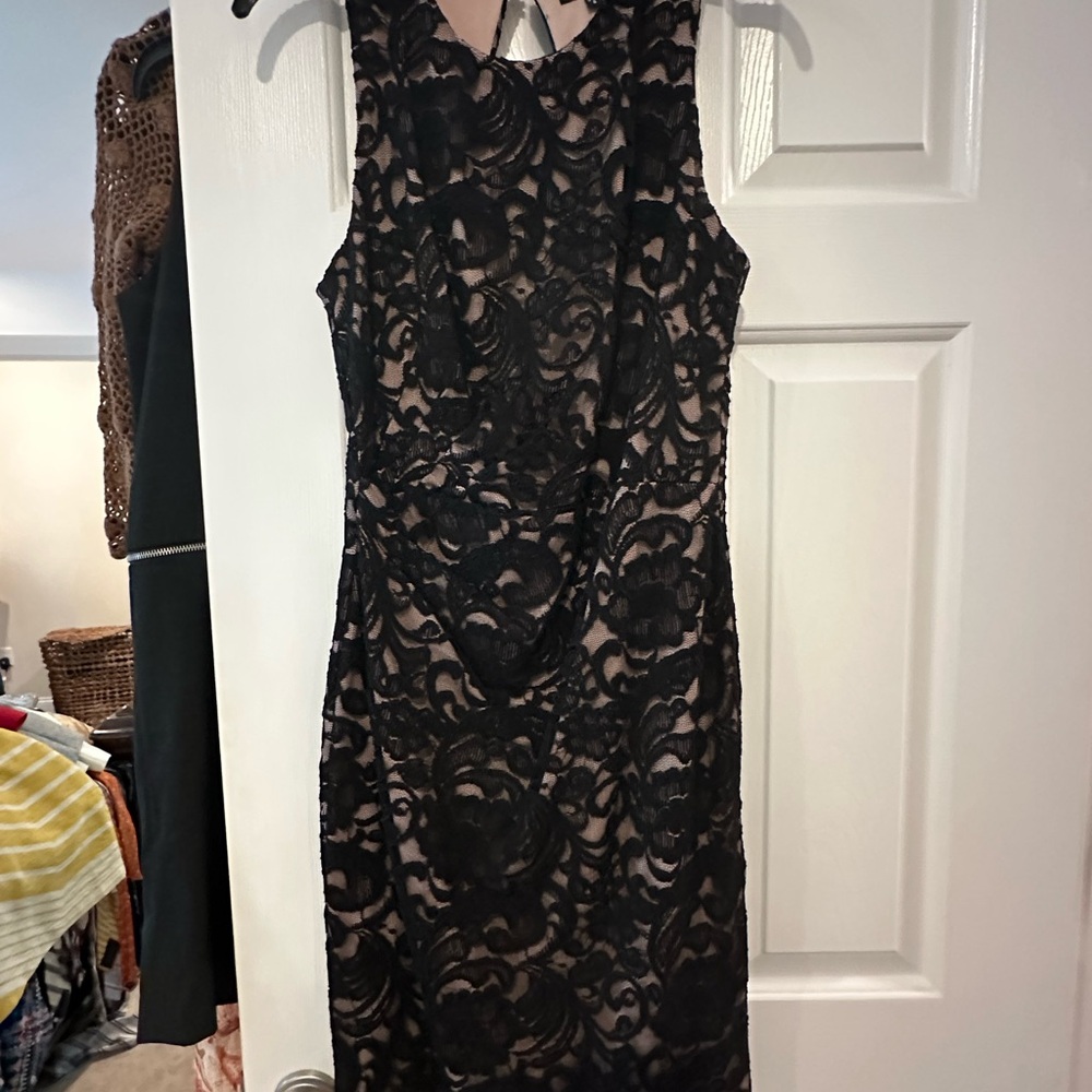 Xscape Black and Tan Sheath Midi Dress with Peter Pan Collar